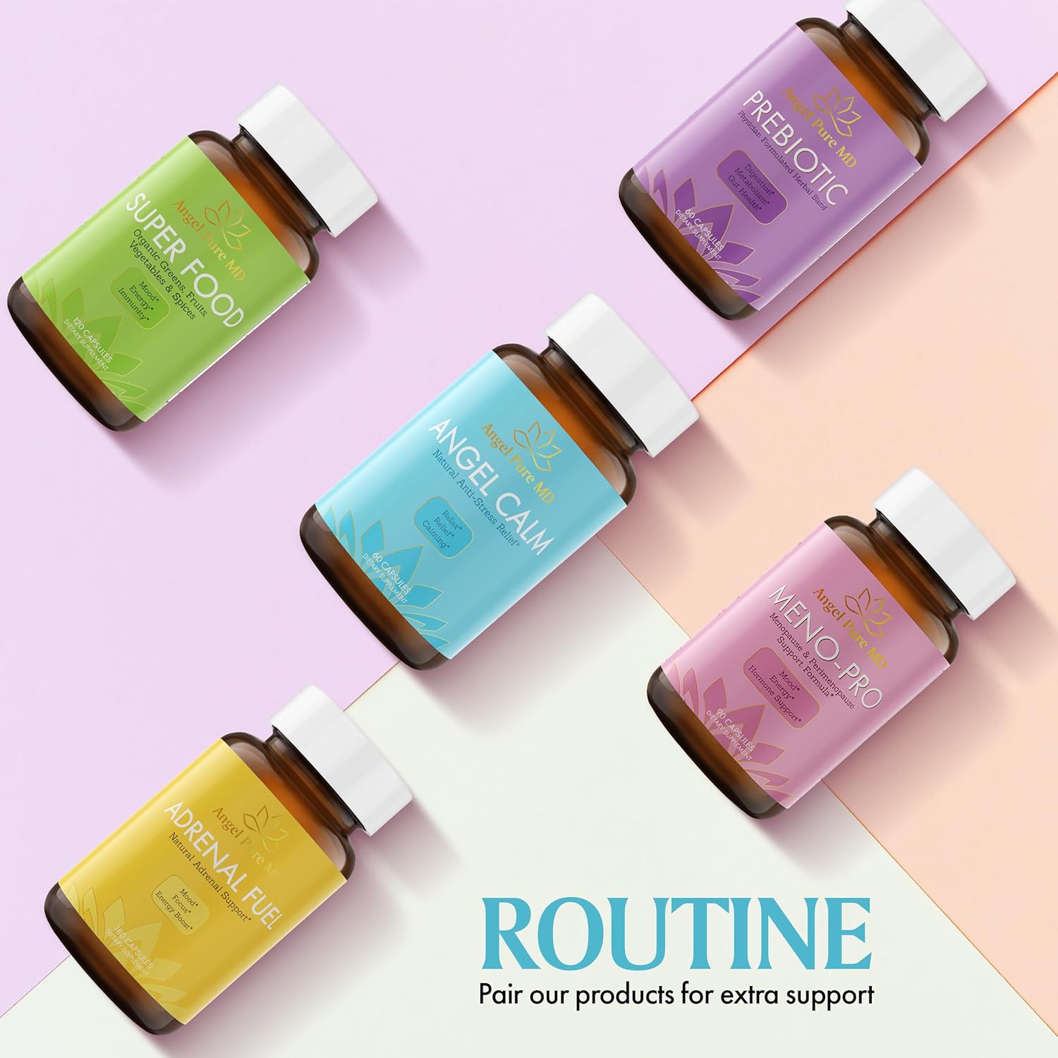 Angel Pure MD Stress Relief Supplement with Ashwagandha, Vitamin B12, Rhodiola Rosea & Lemon Balm - 60 Capsules for Focus, Mood Support & Natural Energy