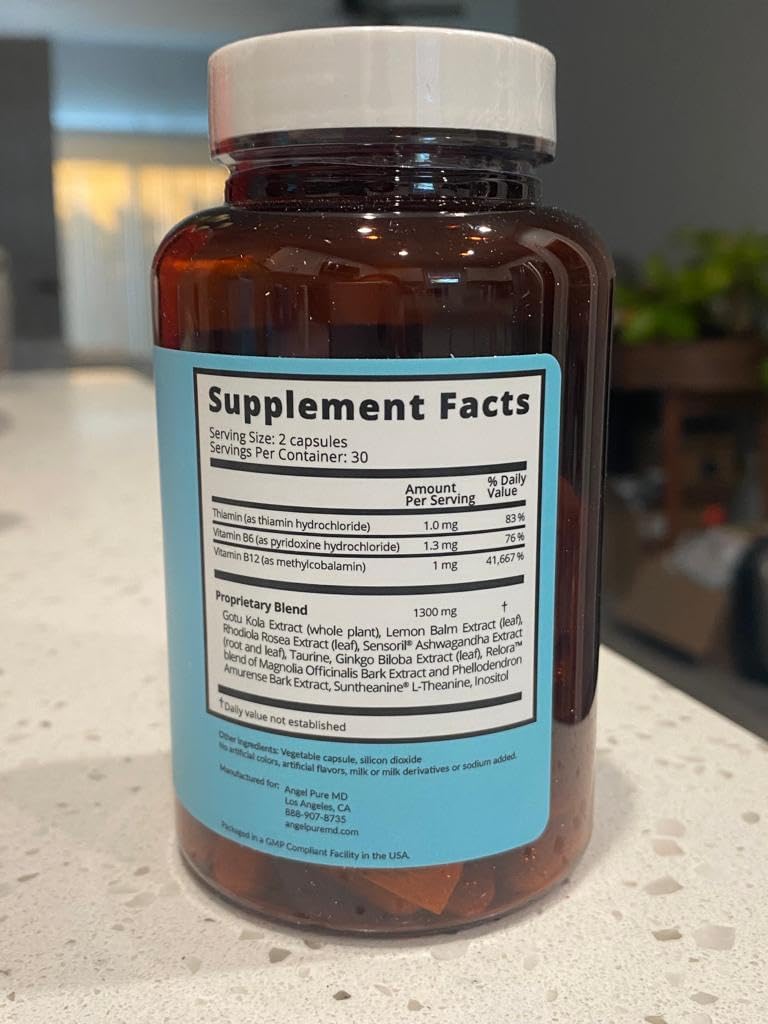 Angel Pure MD Stress Relief Supplement with Ashwagandha, Vitamin B12, Rhodiola Rosea & Lemon Balm - 60 Capsules for Focus, Mood Support & Natural Energy