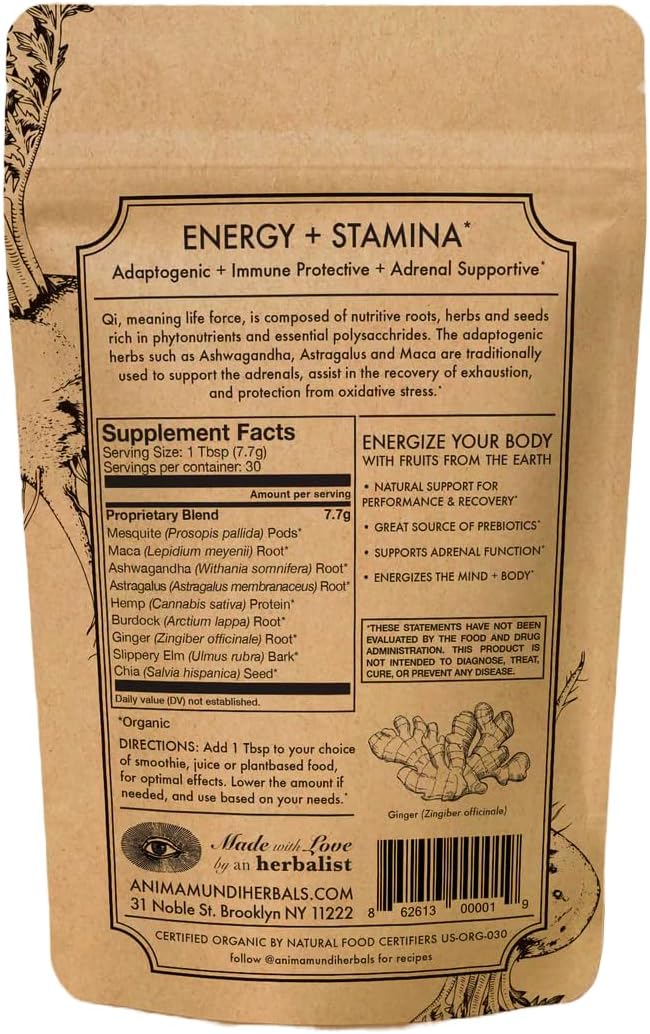 Anima Mundi Apothecary Qi Energy Protein Superfood Powder with Adaptogenic Ashwagandha & Slippery Elm - 8oz
