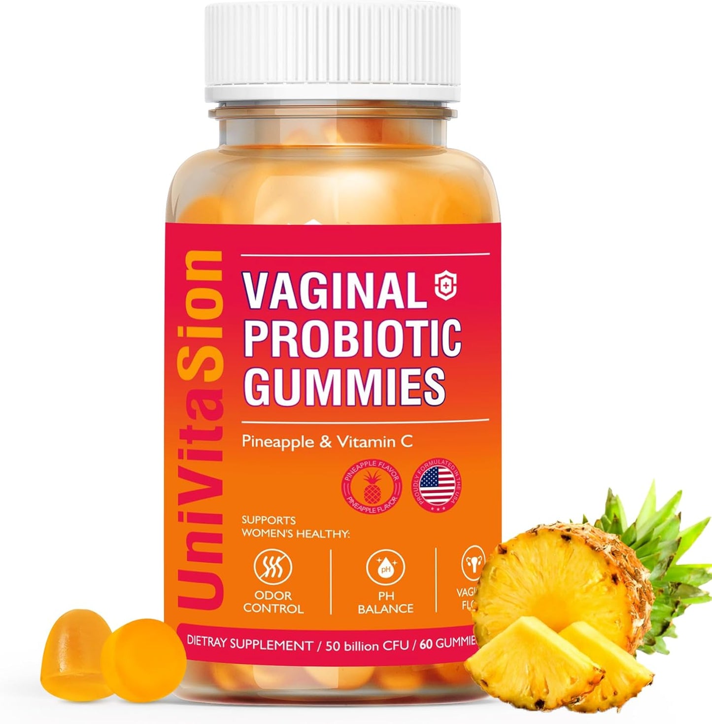 Anngola UniVitaSion Vaginal Probiotics Gummies - 50 Billion CFUs, pH Balance, Vaginal Health, Yeast Infection Treatment, Vitamin C, Hawaiian Pineapple Flavor