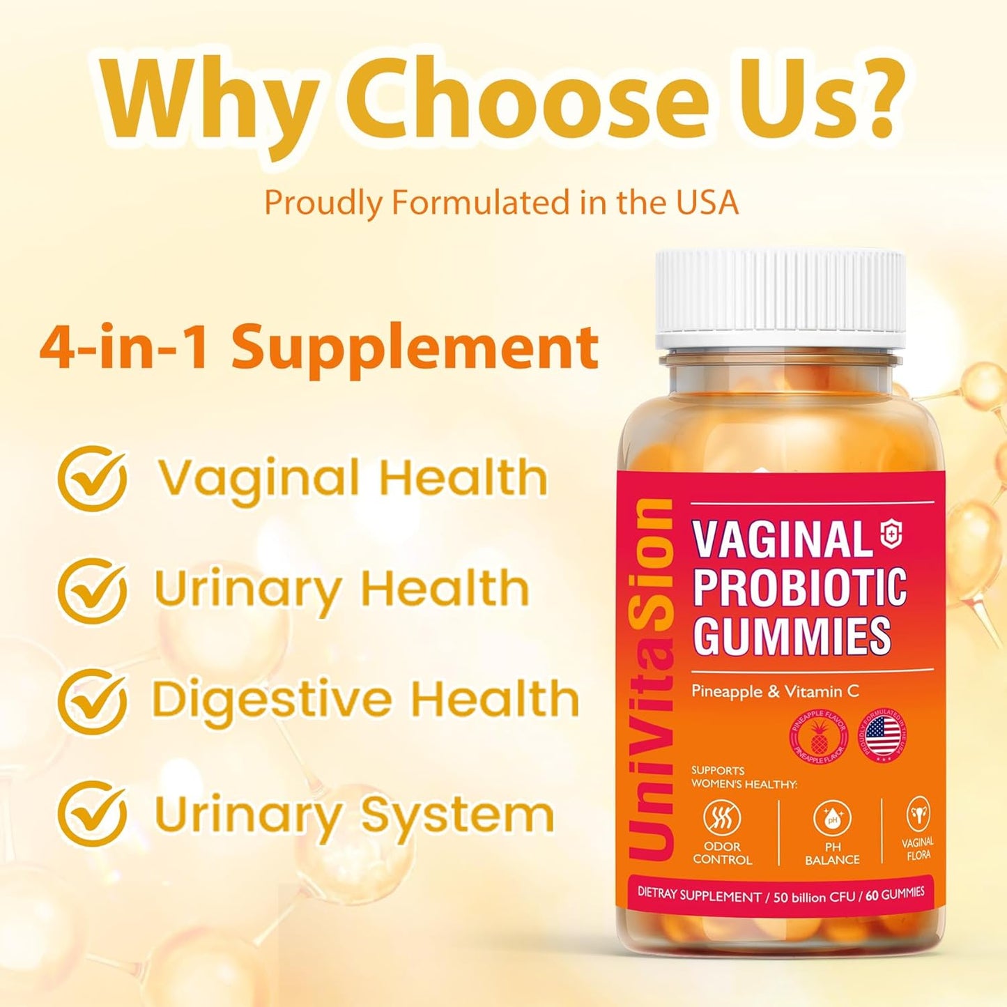 Anngola UniVitaSion Vaginal Probiotics Gummies - 50 Billion CFUs, pH Balance, Vaginal Health, Yeast Infection Treatment, Vitamin C, Hawaiian Pineapple Flavor