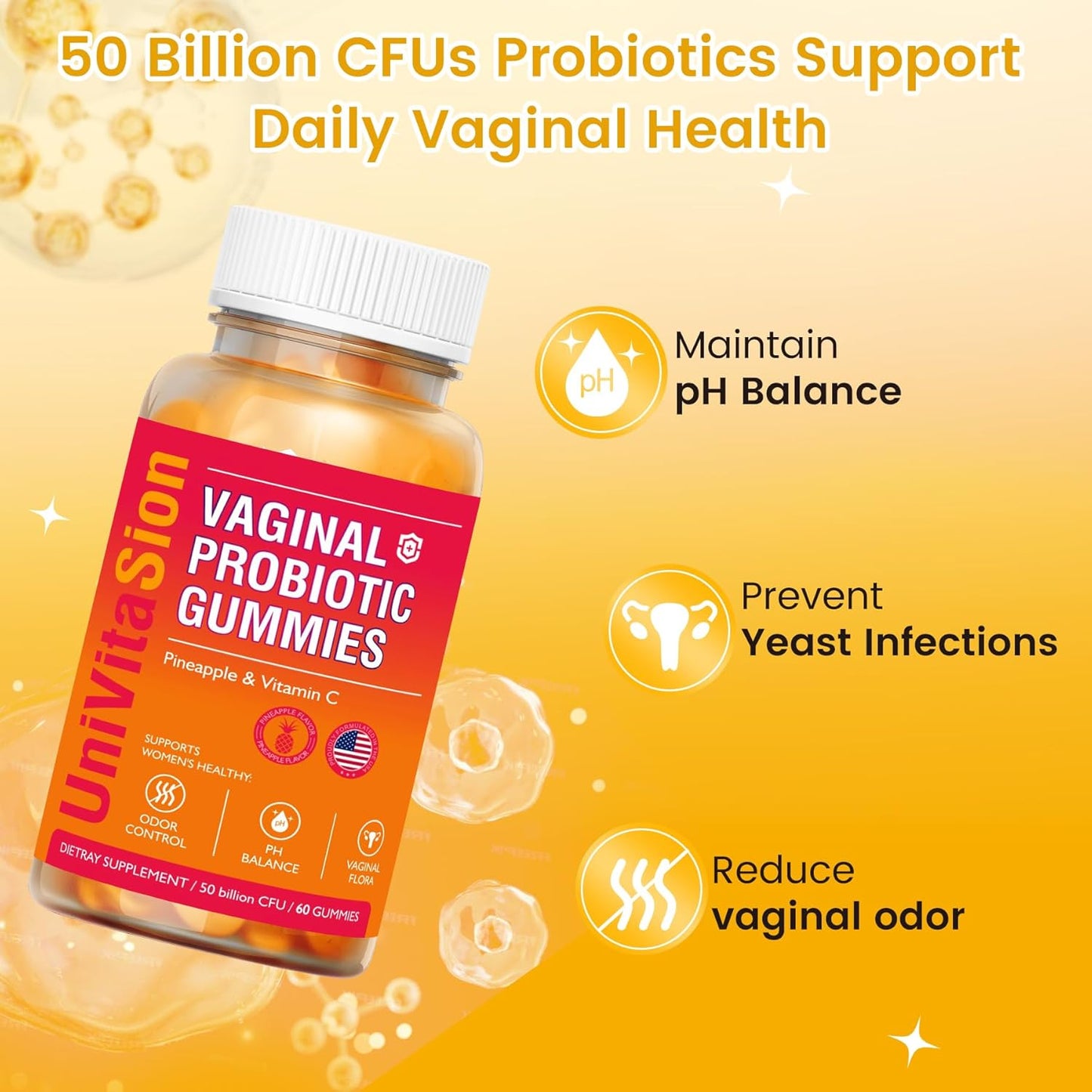 Anngola UniVitaSion Vaginal Probiotics Gummies - 50 Billion CFUs, pH Balance, Vaginal Health, Yeast Infection Treatment, Vitamin C, Hawaiian Pineapple Flavor