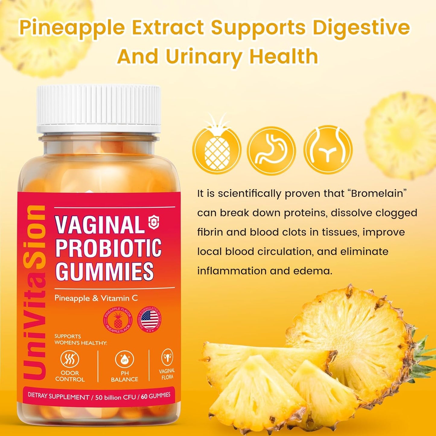 Anngola UniVitaSion Vaginal Probiotics Gummies - 50 Billion CFUs, pH Balance, Vaginal Health, Yeast Infection Treatment, Vitamin C, Hawaiian Pineapple Flavor