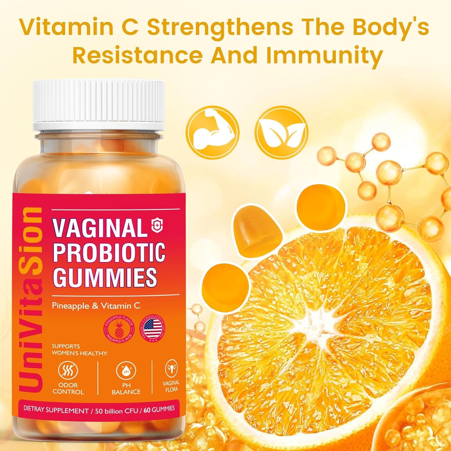 Anngola UniVitaSion Vaginal Probiotics Gummies - 50 Billion CFUs, pH Balance, Vaginal Health, Yeast Infection Treatment, Vitamin C, Hawaiian Pineapple Flavor