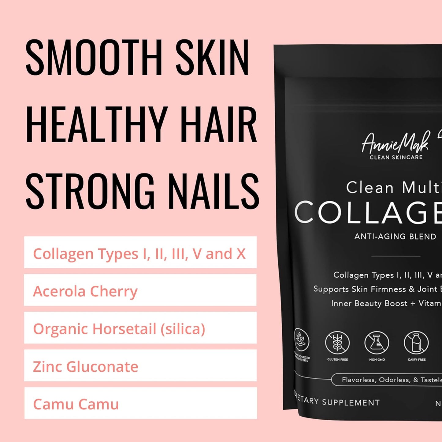 AnnieMak Collagen Peptides Powder with Bone Broth for Skin, Hair, Nails - Grass Fed, Women's Wellness Supplement - Gluten Free, Unflavored