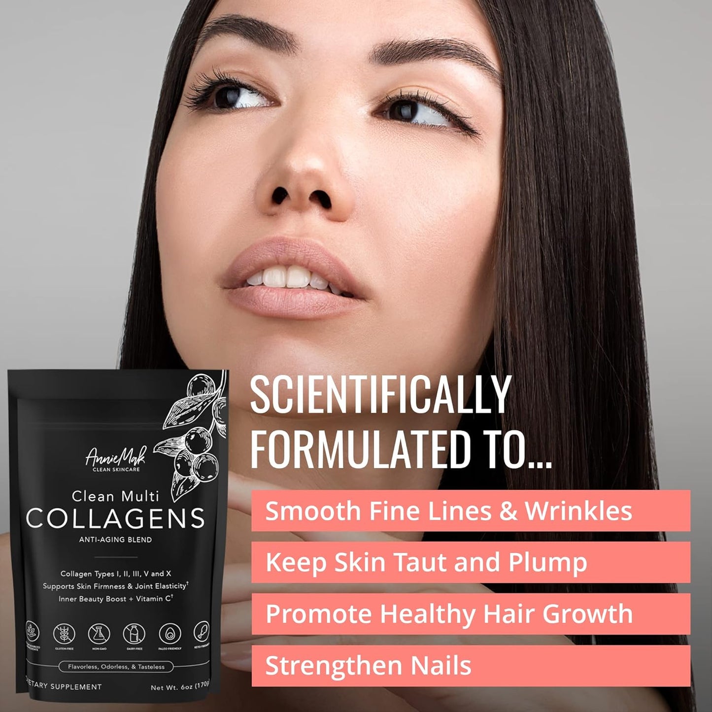 AnnieMak Collagen Peptides Powder with Bone Broth for Skin, Hair, Nails - Grass Fed, Women's Wellness Supplement - Gluten Free, Unflavored