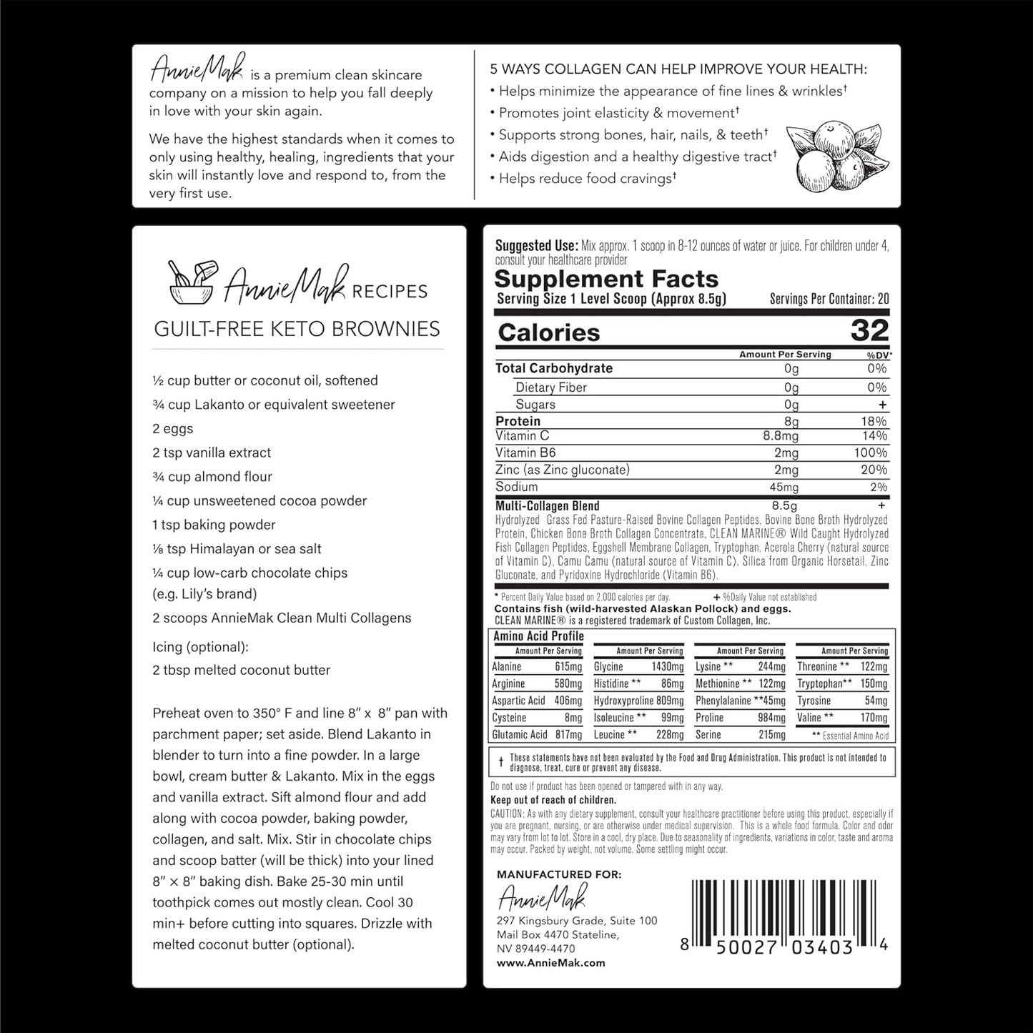 AnnieMak Collagen Peptides Powder with Bone Broth for Skin, Hair, Nails - Grass Fed, Women's Wellness Supplement - Gluten Free, Unflavored