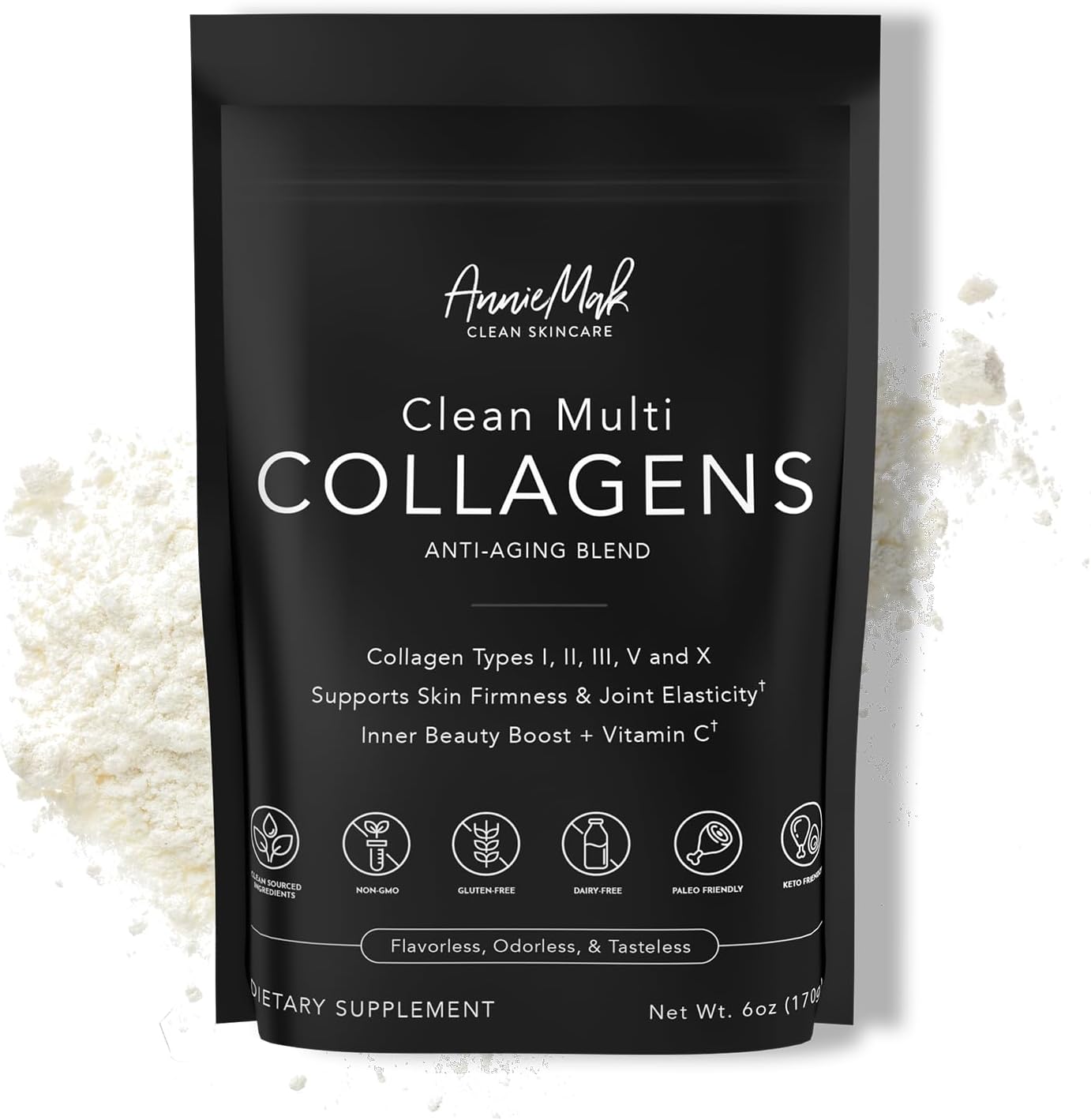 AnnieMak Collagen Peptides Powder with Bone Broth for Skin, Hair, Nails - Grass Fed, Women's Wellness Supplement - Gluten Free, Unflavored