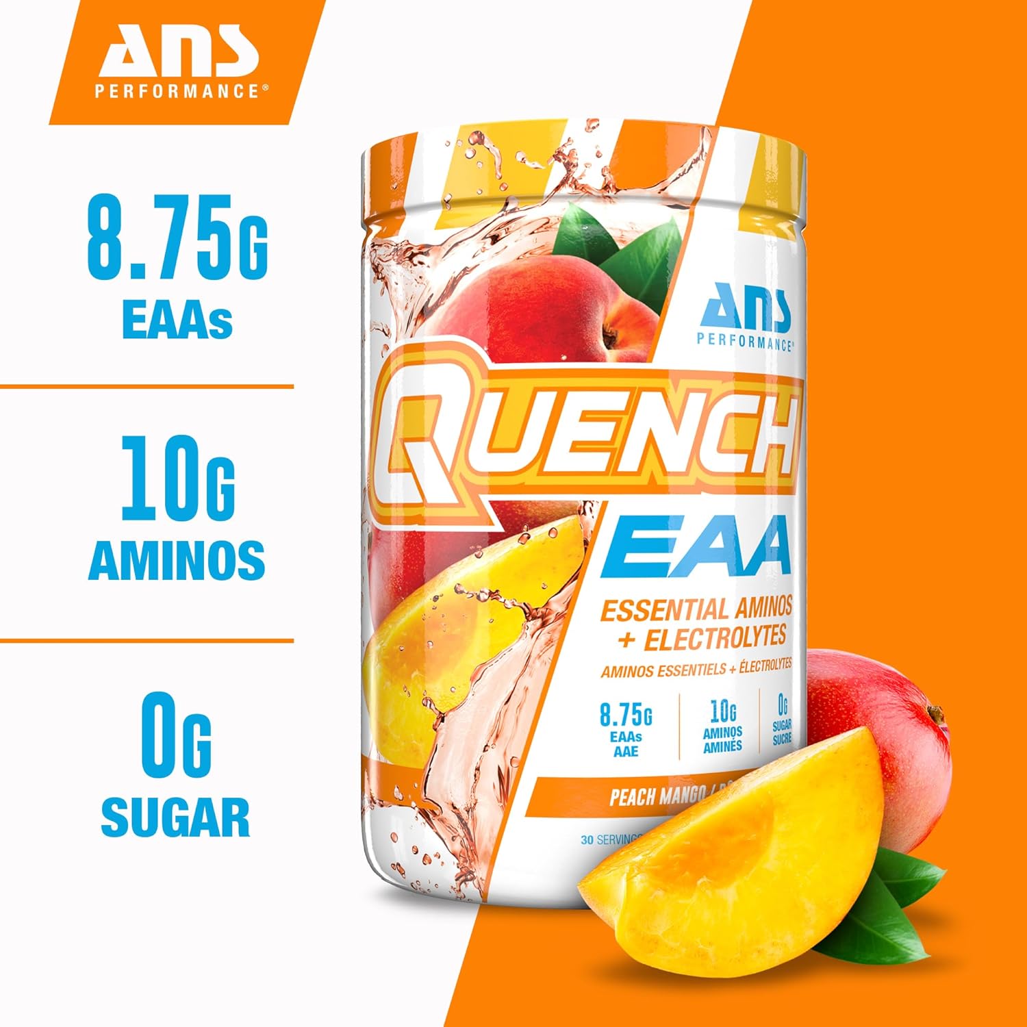 ANS Performance Quench EAA Aminos + Electrolytes - Peach Mango Flavor - 10g Total Amino Acids - Zero Sugar, Carbs, Calories