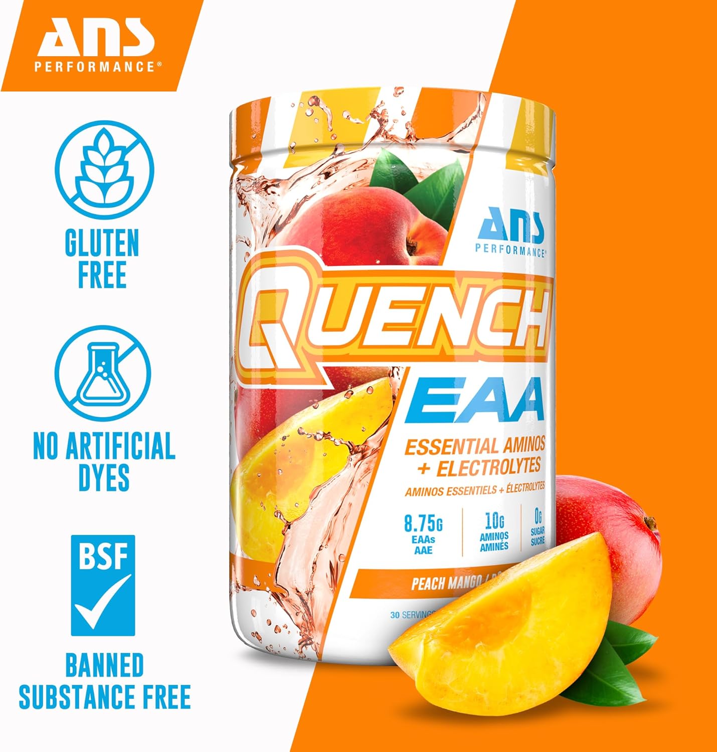 ANS Performance Quench EAA Aminos + Electrolytes - Peach Mango Flavor - 10g Total Amino Acids - Zero Sugar, Carbs, Calories