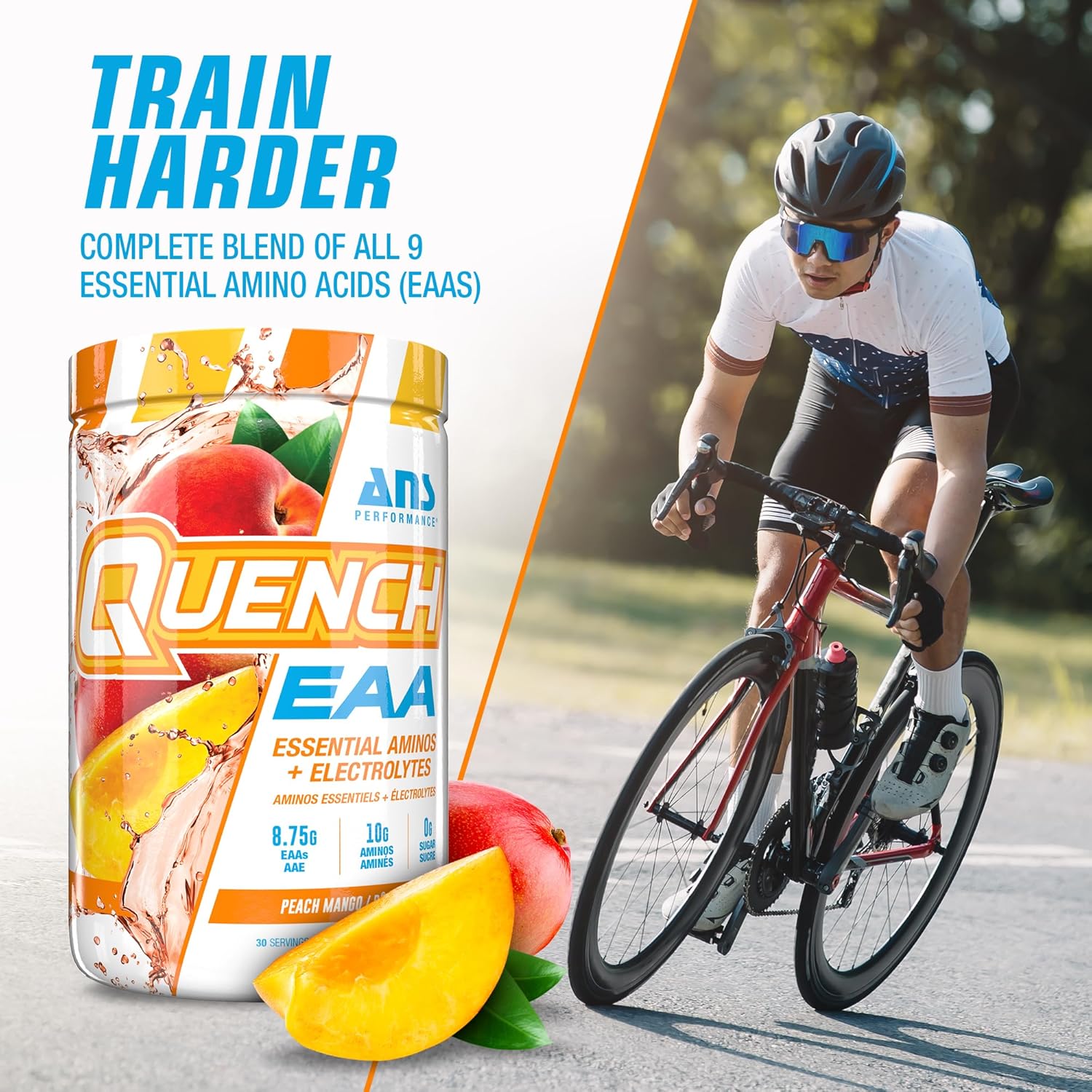ANS Performance Quench EAA Aminos + Electrolytes - Peach Mango Flavor - 10g Total Amino Acids - Zero Sugar, Carbs, Calories