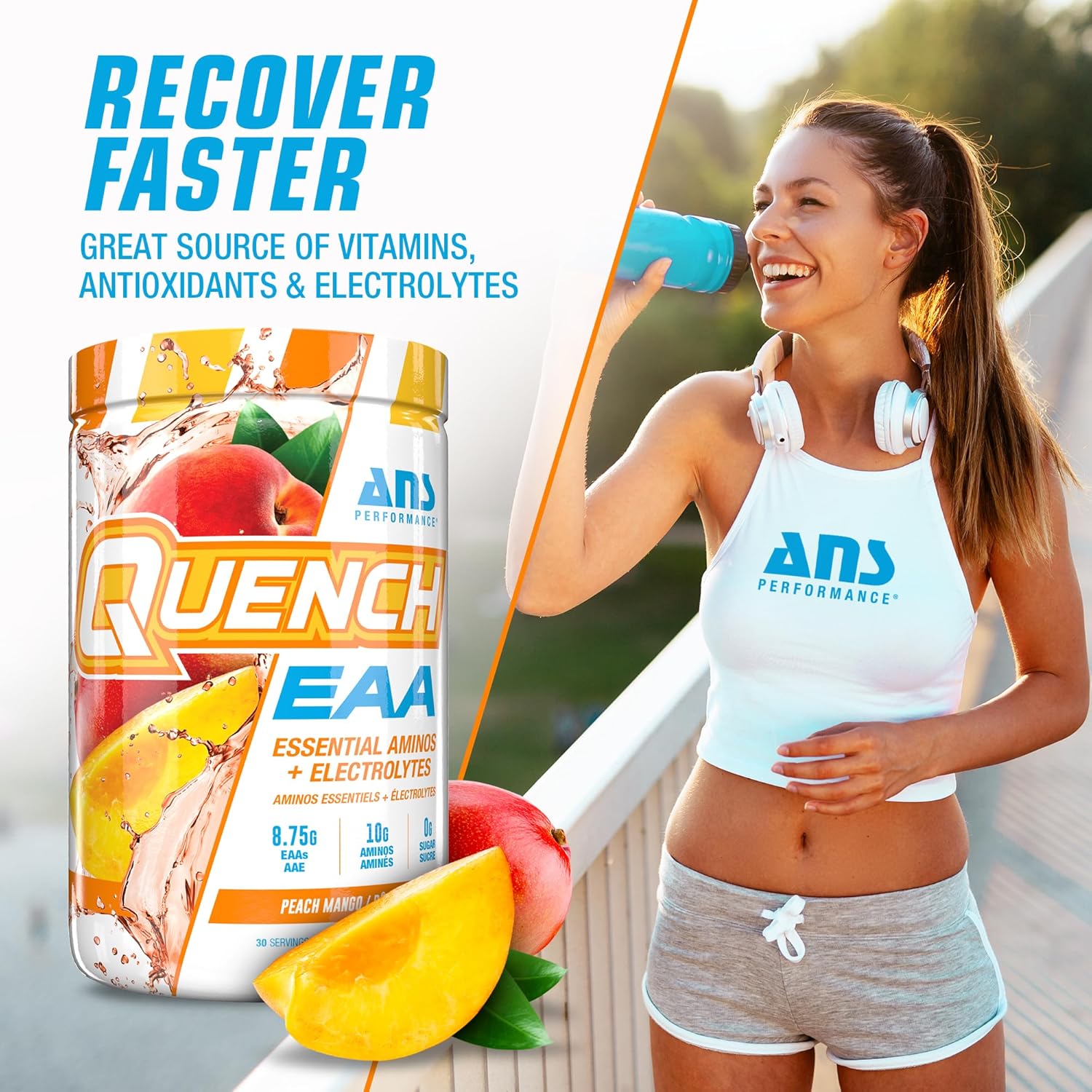 ANS Performance Quench EAA Aminos + Electrolytes - Peach Mango Flavor - 10g Total Amino Acids - Zero Sugar, Carbs, Calories
