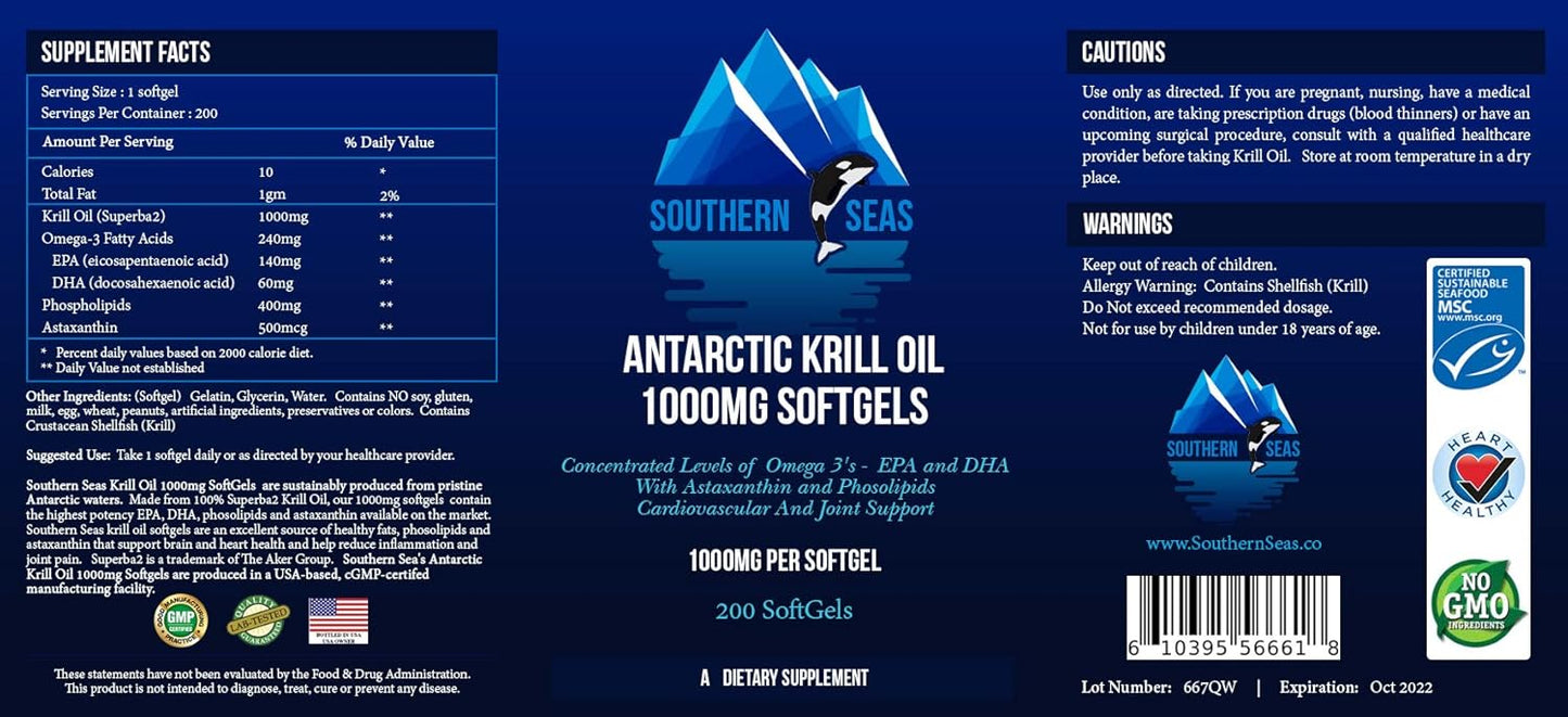 Antarctic Krill Oil Softgels - 200 Gels, 1000mg per Softgel - High Quality Omega-3 Supplement