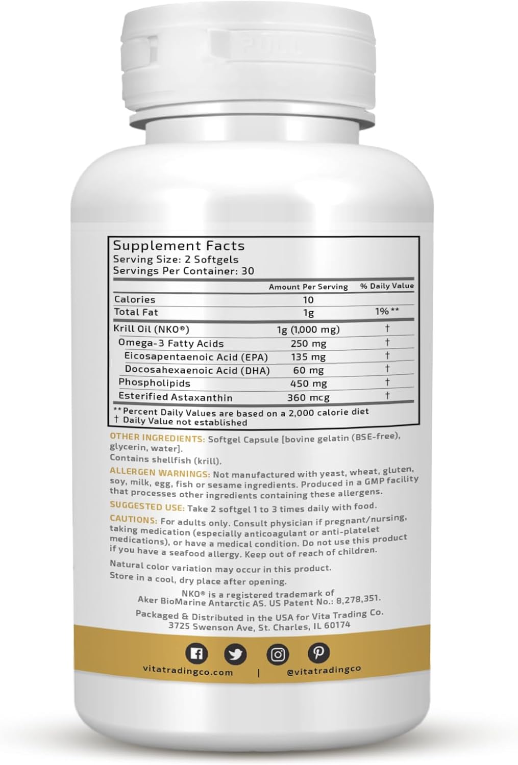 Antarctic Neptune Krill Oil Supplement 100mg Softgels with EPA, DHA, and Astaxanthin for Brain, Heart, Joint, and Eye Support by VitaTradingCo.