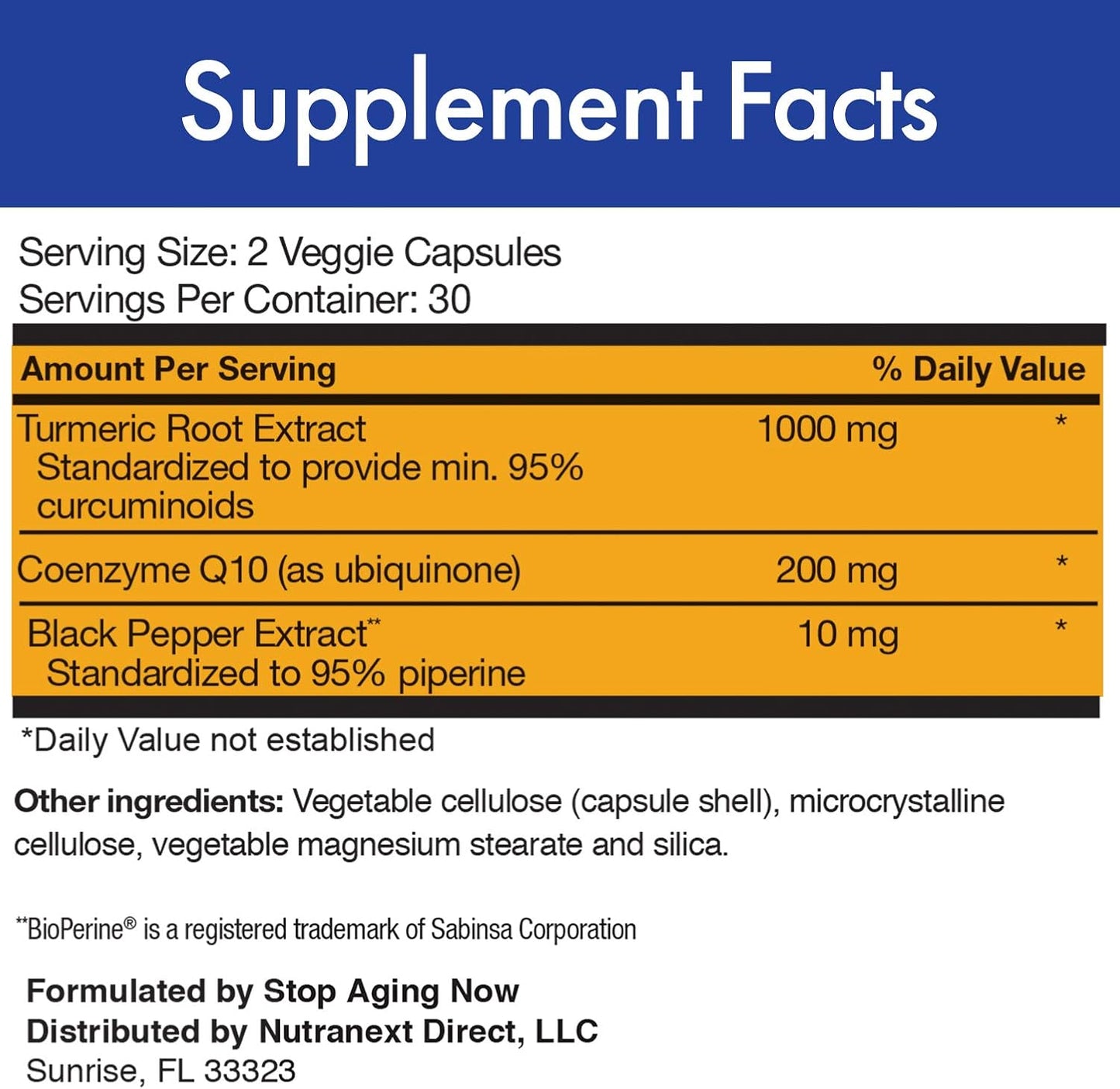 Anti-Aging Complex: Stop Aging Now CUR-Q10 Ultra Curcumin CoQ10 Veggie Capsules