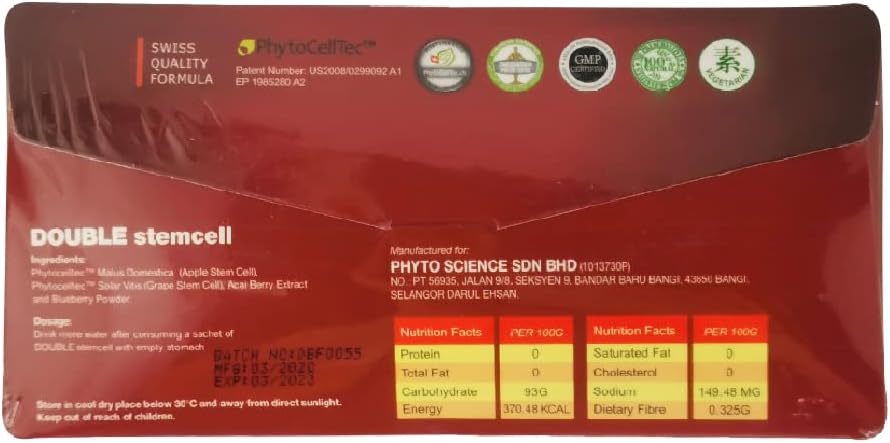 Anti-Aging Phytoscience Double Stem Cell Supplement with Acai Berry & Blueberry Extract - Reduce Wrinkles, Pores, Pimples, Fine Lines, & Improve Skin Texture (14 Sachets)