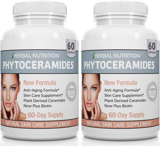 Anti Aging Supplement: Herbal Nutrition Phytoceramides Rice Based with Biotin - Wrinkle Remover & Moisturizer - 2 Bottles, 120 Capsules, 40mg - Gluten Free, Vitamins A, C, D, E