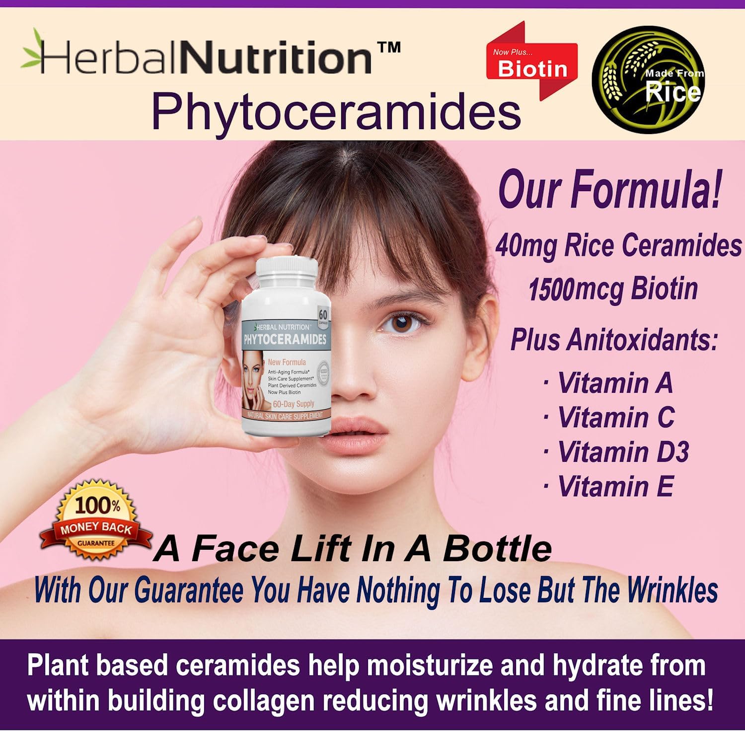 Anti Aging Supplement: Herbal Nutrition Phytoceramides Rice Based with Biotin - Wrinkle Remover & Moisturizer - 2 Bottles, 120 Capsules, 40mg - Gluten Free, Vitamins A, C, D, E