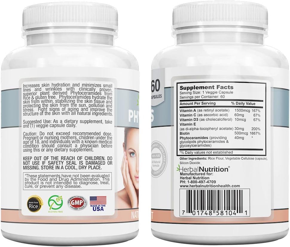 Anti Aging Supplement: Herbal Nutrition Phytoceramides Rice Based with Biotin - Wrinkle Remover & Moisturizer - 2 Bottles, 120 Capsules, 40mg - Gluten Free, Vitamins A, C, D, E