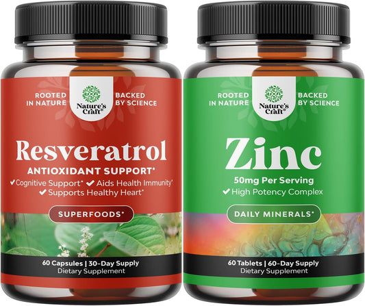 Anti Aging Trans Resveratrol and Halal Zinc Bundle - Joint Support and Immune System Booster with Natural Supplements