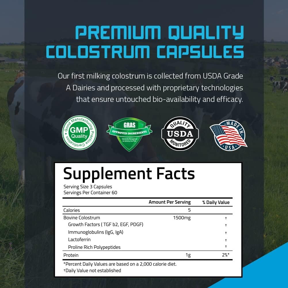 Antibiotic and Hormone Free Bovine Colostrum Capsules - 180 Count - USA Sourced - All Natural - First Milking - BoostGo Australia