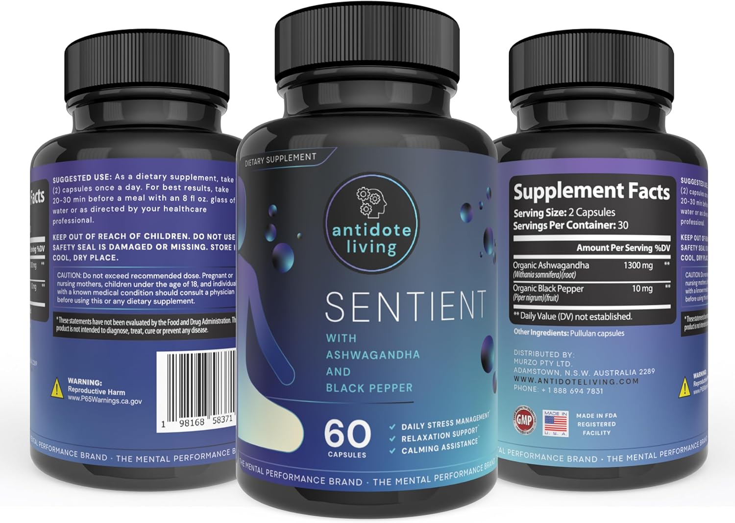 Antidote Living Sentient Capsules - Ashwagandha & Black Pepper Blend (60 Count)