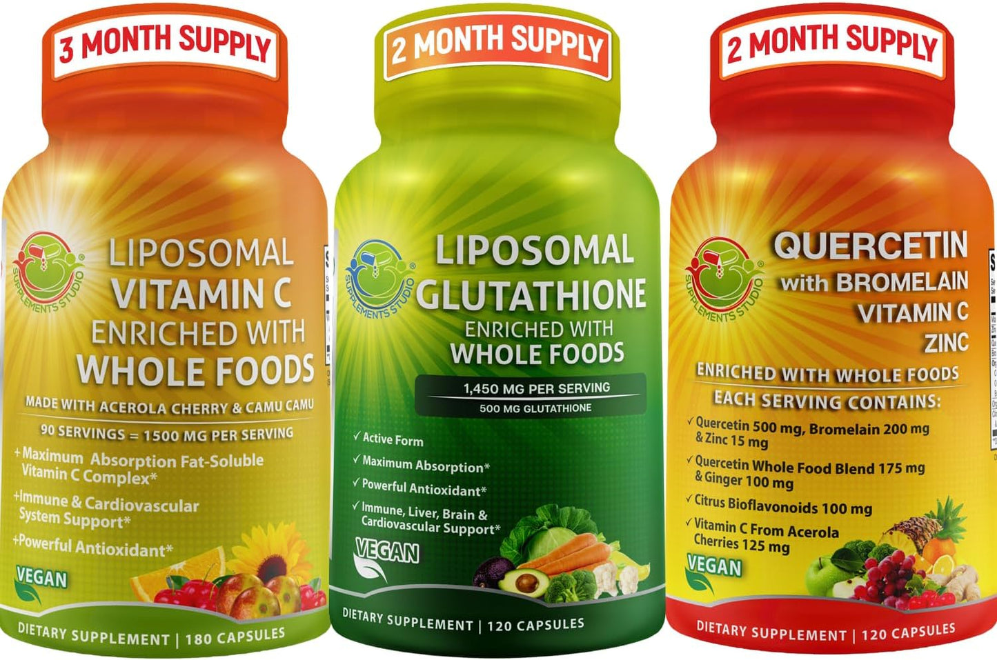 Antioxidant Bundle: Liposomal Glutathione 500mg, Vitamin C 1500mg, Quercetin with Bromelain & Zinc - Organic Whole Food Supplement Studio