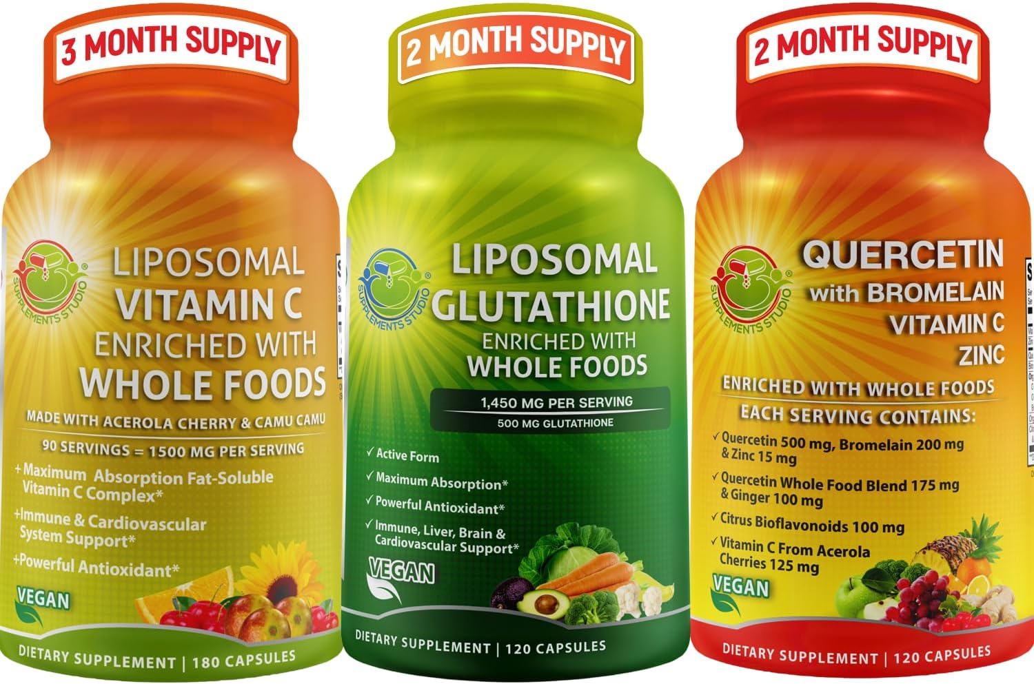 Antioxidant Bundle: Liposomal Glutathione 500mg, Vitamin C 1500mg, Quercetin with Bromelain & Zinc - Organic Whole Food Supplement Studio