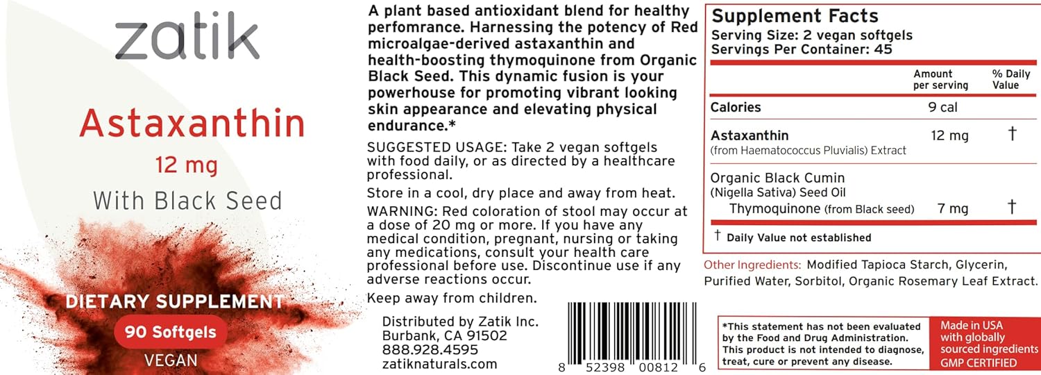 Antioxidant Powerhouse: Zatik Naturals Astaxanthin 12mg with Organic Black Seed - 90 Vegan Softgels