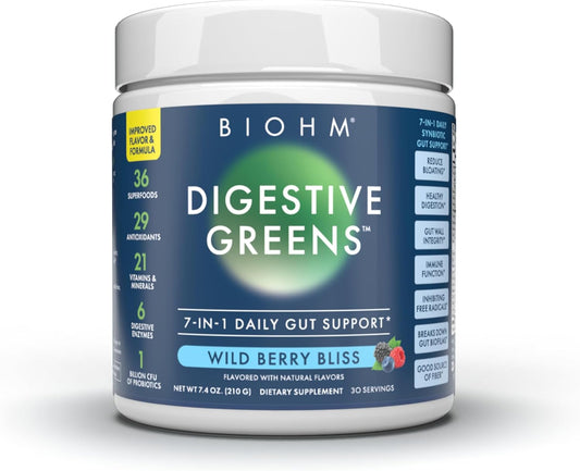 Antioxidant-Rich BIOHM Digestive Greens Superfood Powder with Probiotics, Enzymes, Ashwagandha, Spirulina, Chlorella - Berry Flavor, 30 Servings