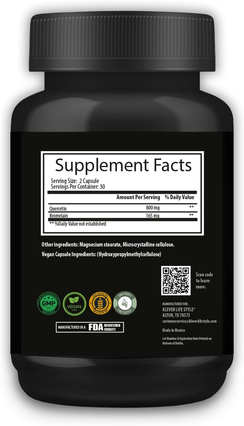 Antioxidant Rich Quercetin with Bromelain Supplement for Brain Health - 60 Capsules, 800mg per Serving
