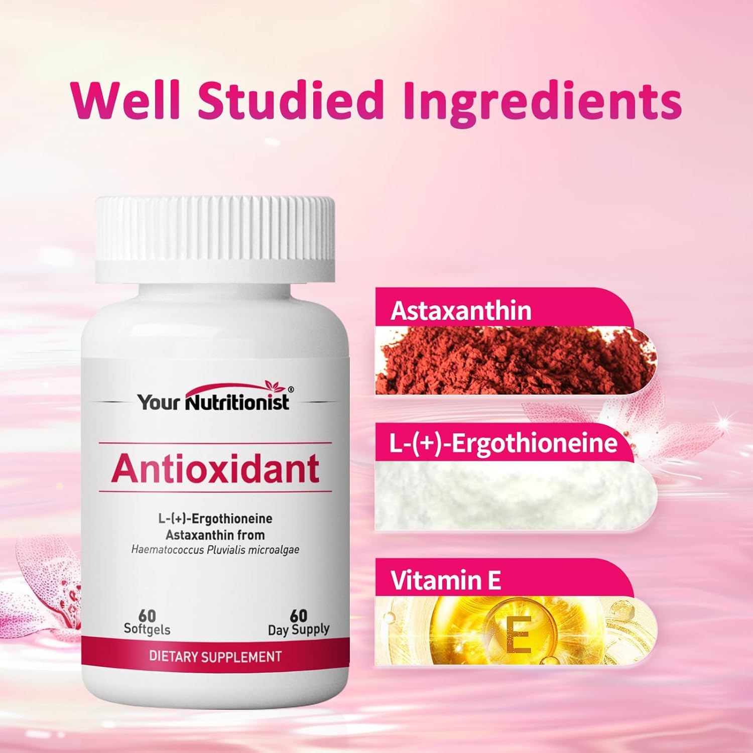 Antioxidant Softgel with Astaxanthin and Ergothioneine - 60 Counts, 60 Day Supply for Optimal Nutrition