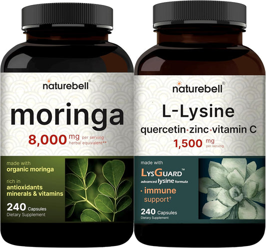 Antioxidant Superfood Bundle: NatureBell Moringa Oleifera 8000mg & L-Lysine 1000mg Capsules - Free Form Amino Acids - L Lysine Complex - BoostGo Australia