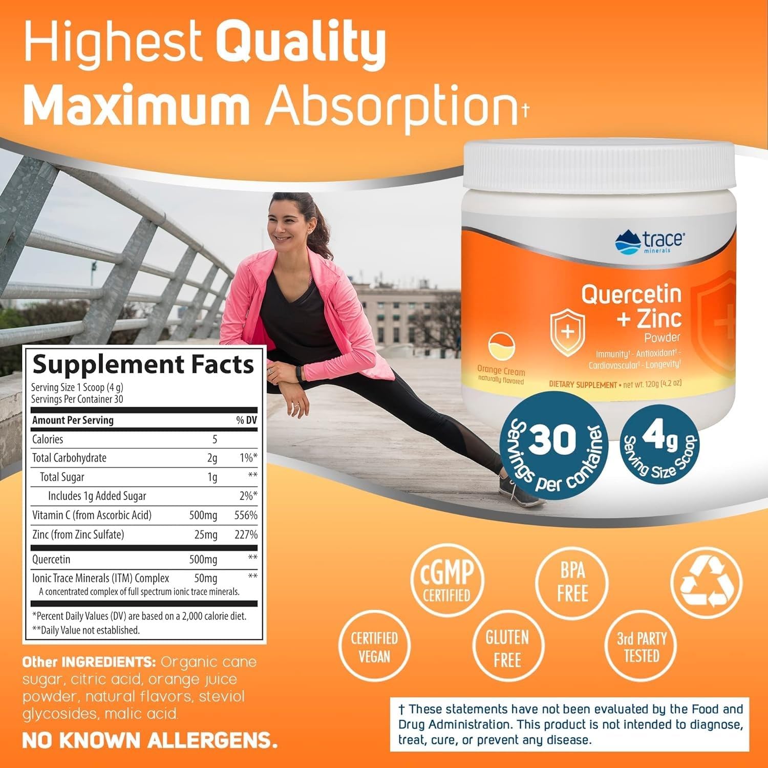 Antioxidant Supplement with Trace Minerals, Quercetin, Zinc, Vitamin C, and Ionic - Immune and Cardiovascular Support - Orange Cream Powder, 120g (30 Servings)