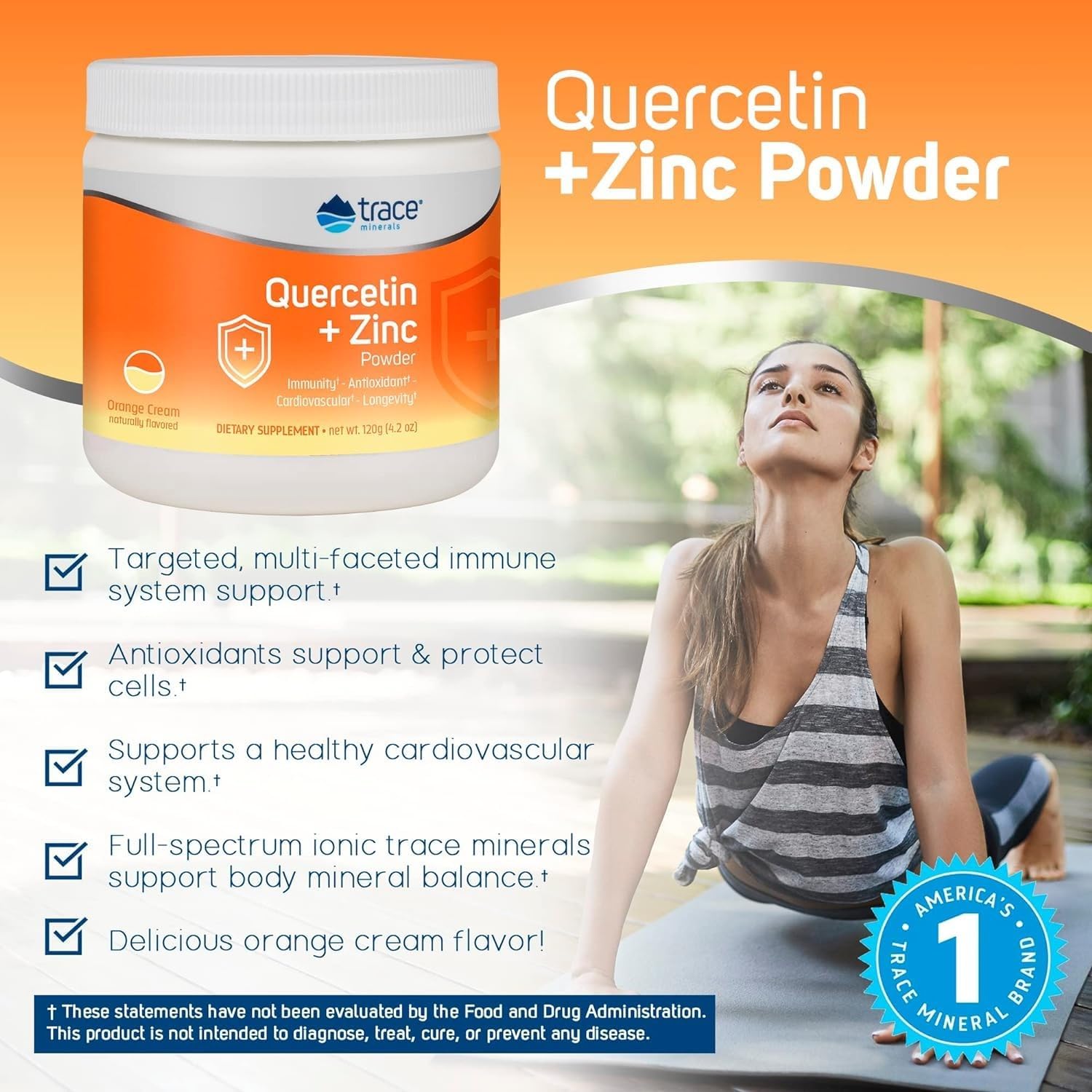 Antioxidant Supplement with Trace Minerals, Quercetin, Zinc, Vitamin C, and Ionic - Immune and Cardiovascular Support - Orange Cream Powder, 120g (30 Servings)