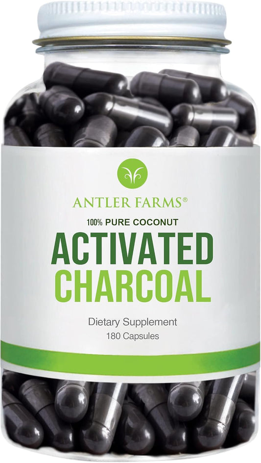 Antler Farms Coconut Activated Charcoal Capsules - 180 Count, 260mg, USP Food Grade, Ultra Fine Powder