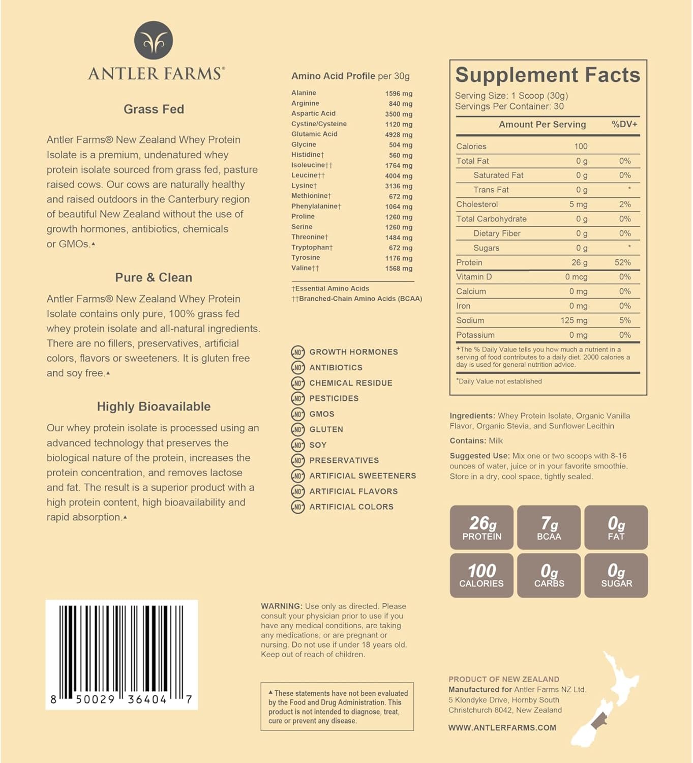 Antler Farms Grass Fed New Zealand Whey Protein Isolate, Vanilla Flavor - Pure & Clean, 2 lbs, Cold Processed