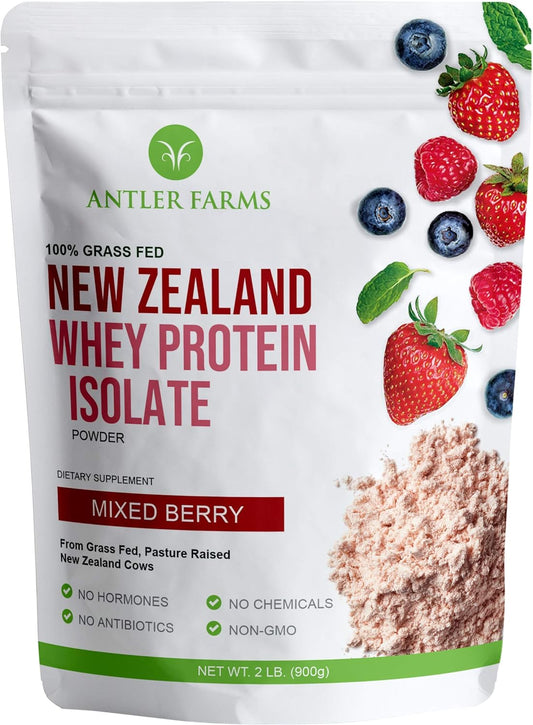 Antler Farms Mixed Berry Grass-Fed Whey Protein Isolate - 2 lbs, 30 Servings - Cold Processed, Keto Friendly, Rapidly Absorbed