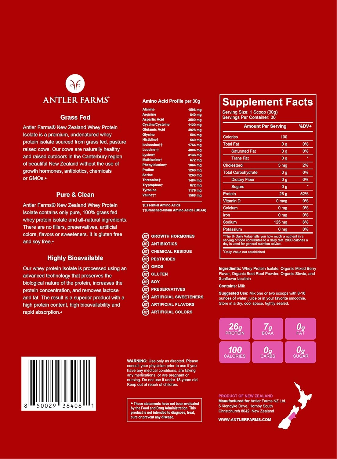Antler Farms Mixed Berry Grass-Fed Whey Protein Isolate - 2 lbs, 30 Servings - Cold Processed, Keto Friendly, Rapidly Absorbed
