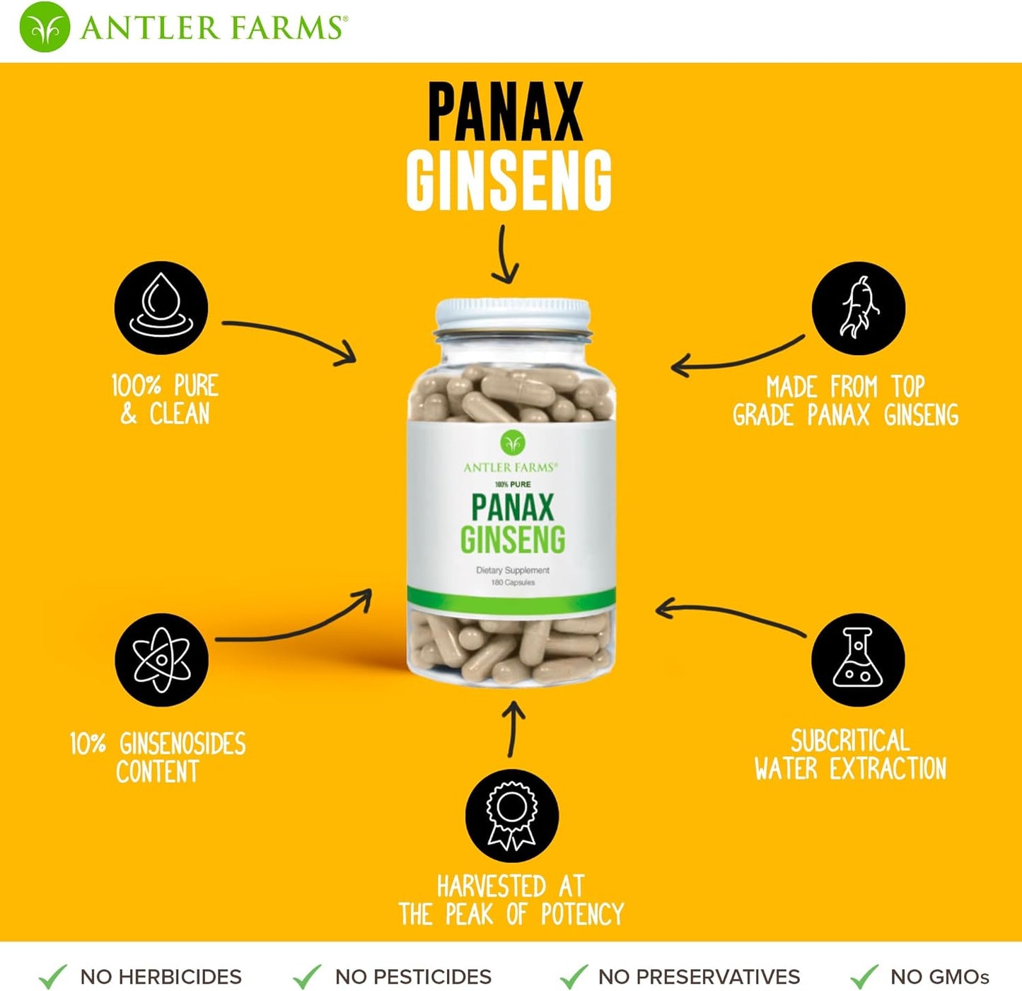 Antler Farms Red Panax Ginseng Extract Capsules - 100% Pure, 180 Count, 500mg - Changbai Mountains Ginseng Root, 10% Ginsenosides