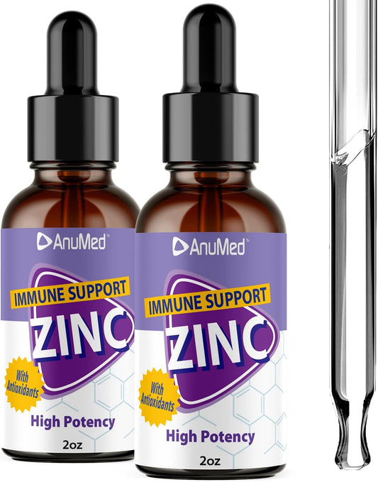 AnuMed International Anumed Natural Zinc Gluconate Liquid Drops - Immune System Support for Adults & Kids - Vegan, Non-GMO, Sugar-Free - 2 Packs of 2oz