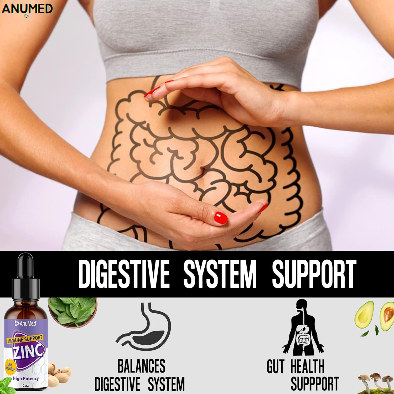 AnuMed International Anumed Natural Zinc Gluconate Liquid Drops - Immune System Support for Adults & Kids - Vegan, Non-GMO, Sugar-Free - 2 Packs of 2oz