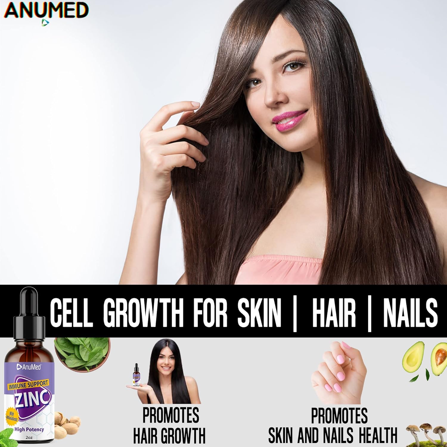 AnuMed International Anumed Natural Zinc Gluconate Liquid Drops - Immune System Support for Adults & Kids - Vegan, Non-GMO, Sugar-Free - 2 Packs of 2oz