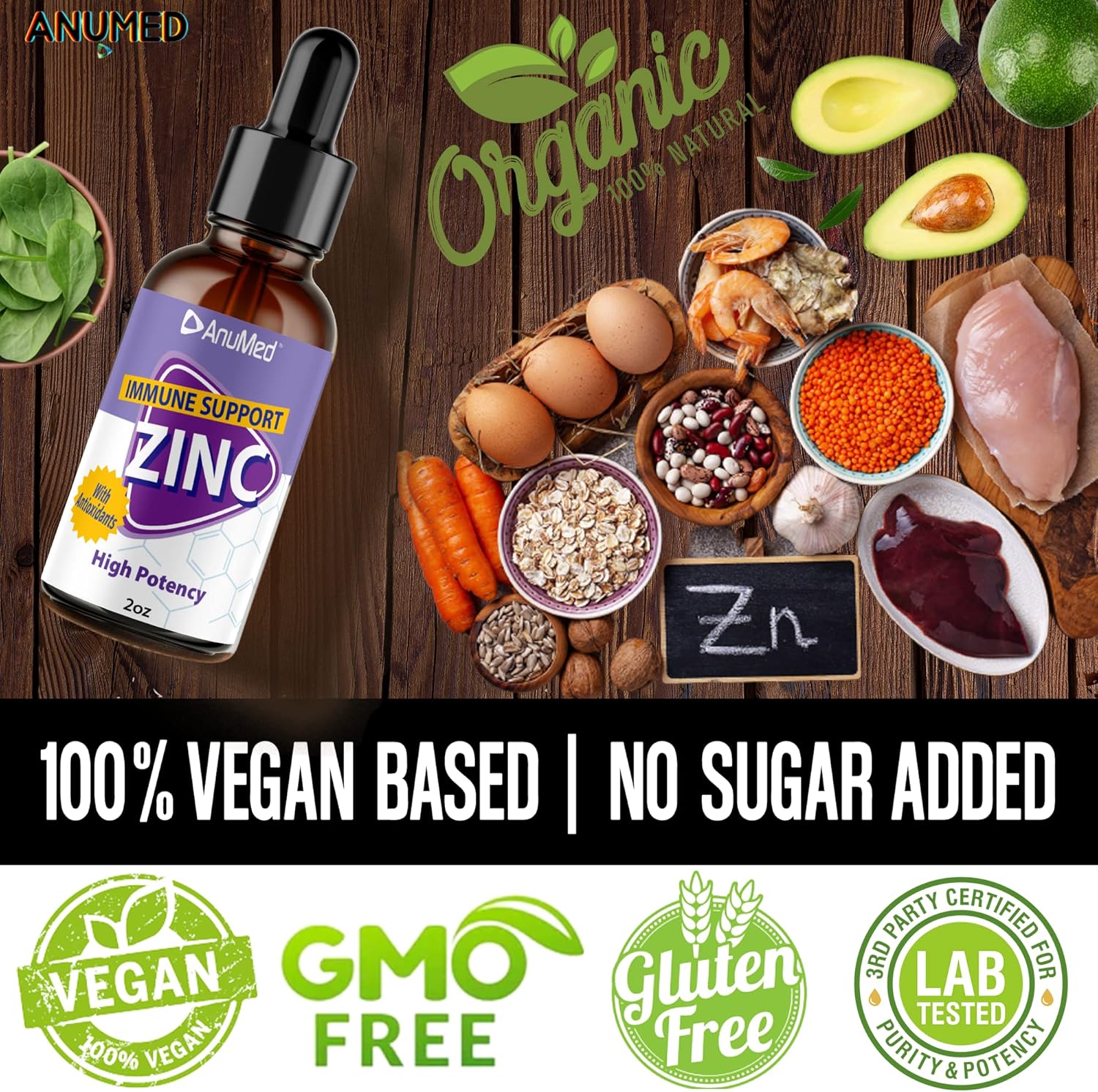 AnuMed International Anumed Natural Zinc Gluconate Liquid Drops - Immune System Support for Adults & Kids - Vegan, Non-GMO, Sugar-Free - 2 Packs of 2oz