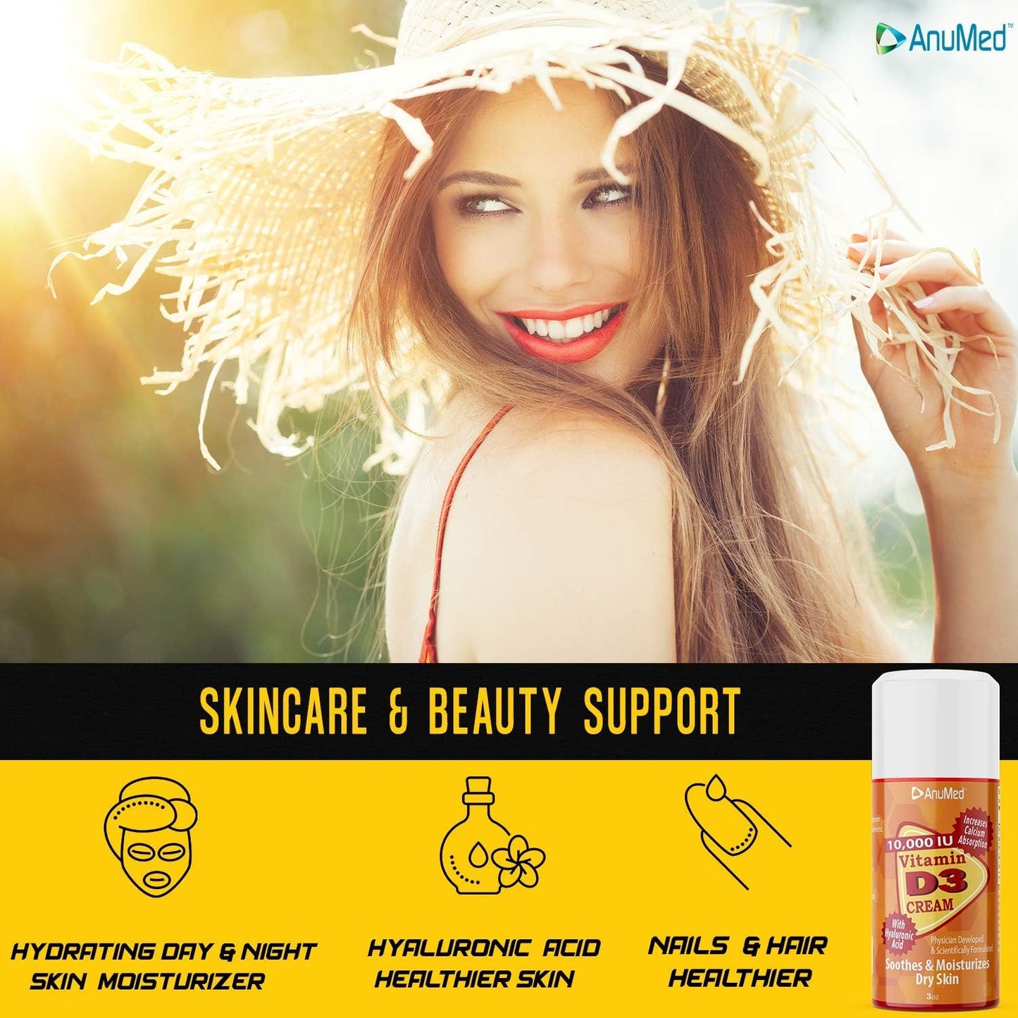 AnuMed International Vitamin D3 10,000 IU Cream with Magnesium, Hyaluronic Acid, Vitamin E, and Shea Butter - 3oz