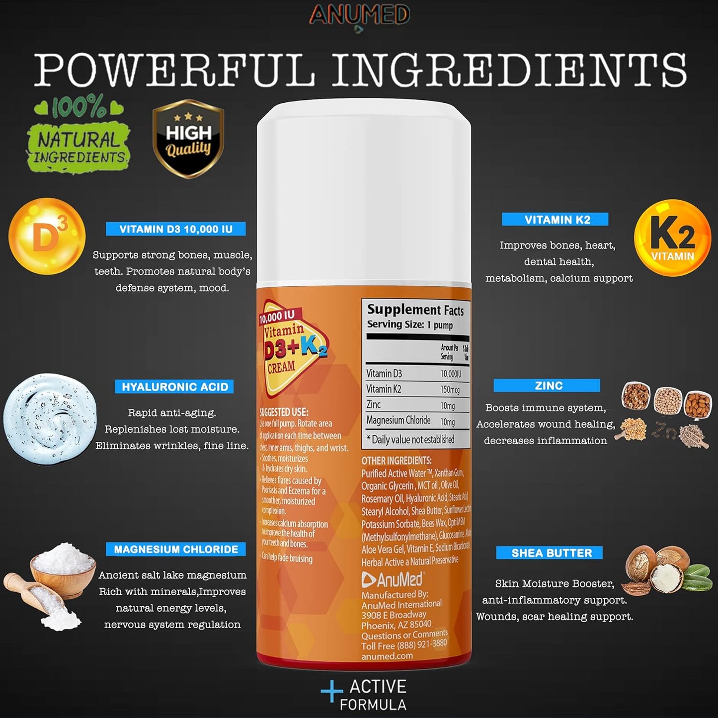 AnuMed International Vitamin D3 with K2 10000 IU Cream - Promotes Stronger Bones, Muscles, Joints - Maximum Calcium Absorption - Travel Size - 1.8oz