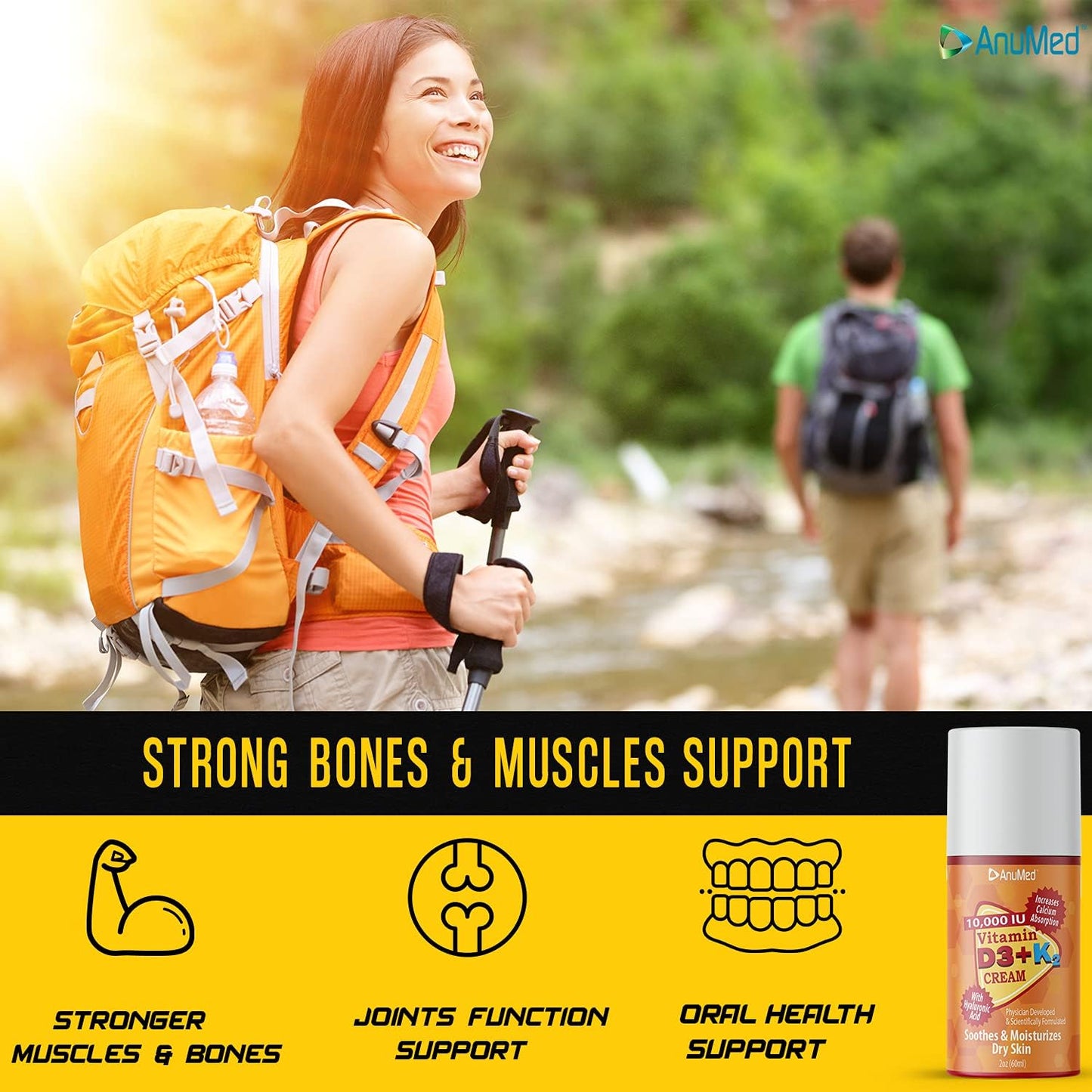 AnuMed International Vitamin D3 with K2 10000 IU Cream - Promotes Stronger Bones, Muscles, Joints - Maximum Calcium Absorption - Travel Size - 1.8oz
