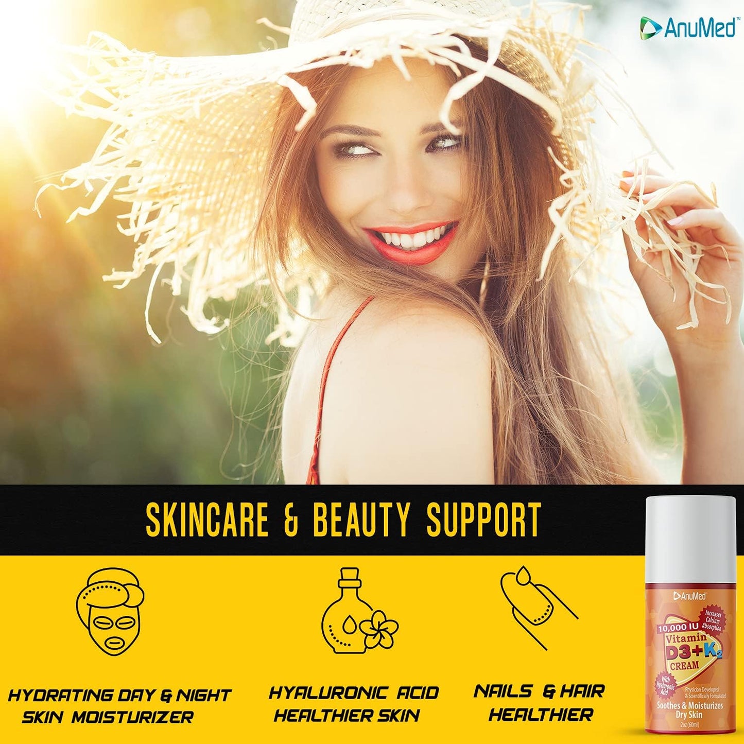 AnuMed International Vitamin D3 with K2 10000 IU Cream - Promotes Stronger Bones, Muscles, Joints - Maximum Calcium Absorption - Travel Size - 1.8oz