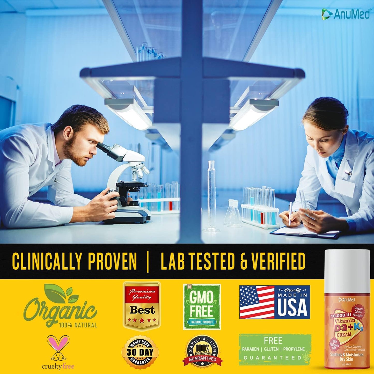 AnuMed International Vitamin D3 with K2 10000 IU Cream - Promotes Stronger Bones, Muscles, Joints - Maximum Calcium Absorption - Travel Size - 1.8oz