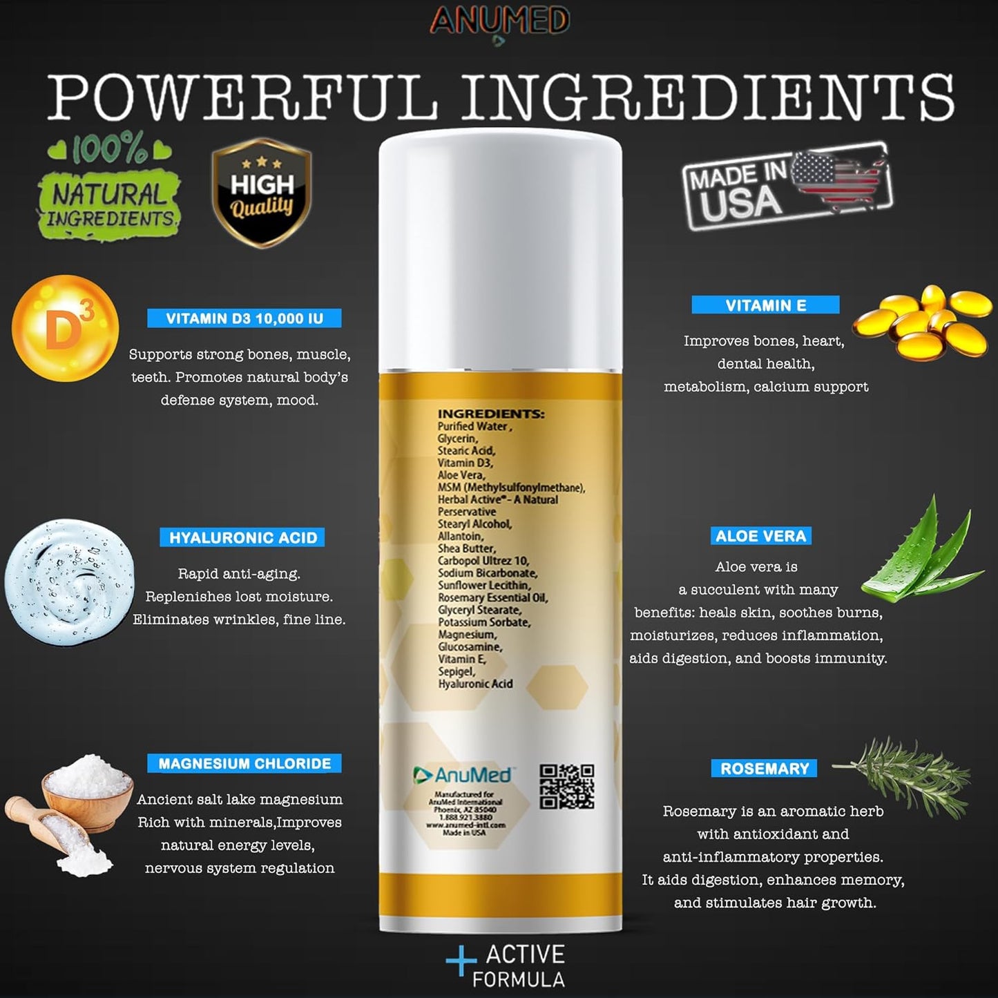 AnuMed International Vitamin D3 with Magnesium Cream - 10,000 IU, Hyaluronic Acid, Vitamin E, Shea Butter - Stronger Bones, Muscles, Joints, Immune System - 3oz